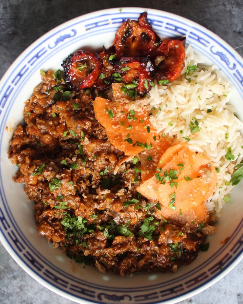 African mushroom mince curry with roasted cherry tomatoes The Vegan Society